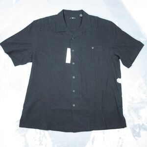 6A Camp Shirt Mens Large Black Silk Cotton Short Sleeve Button Up Leaf Jacquard